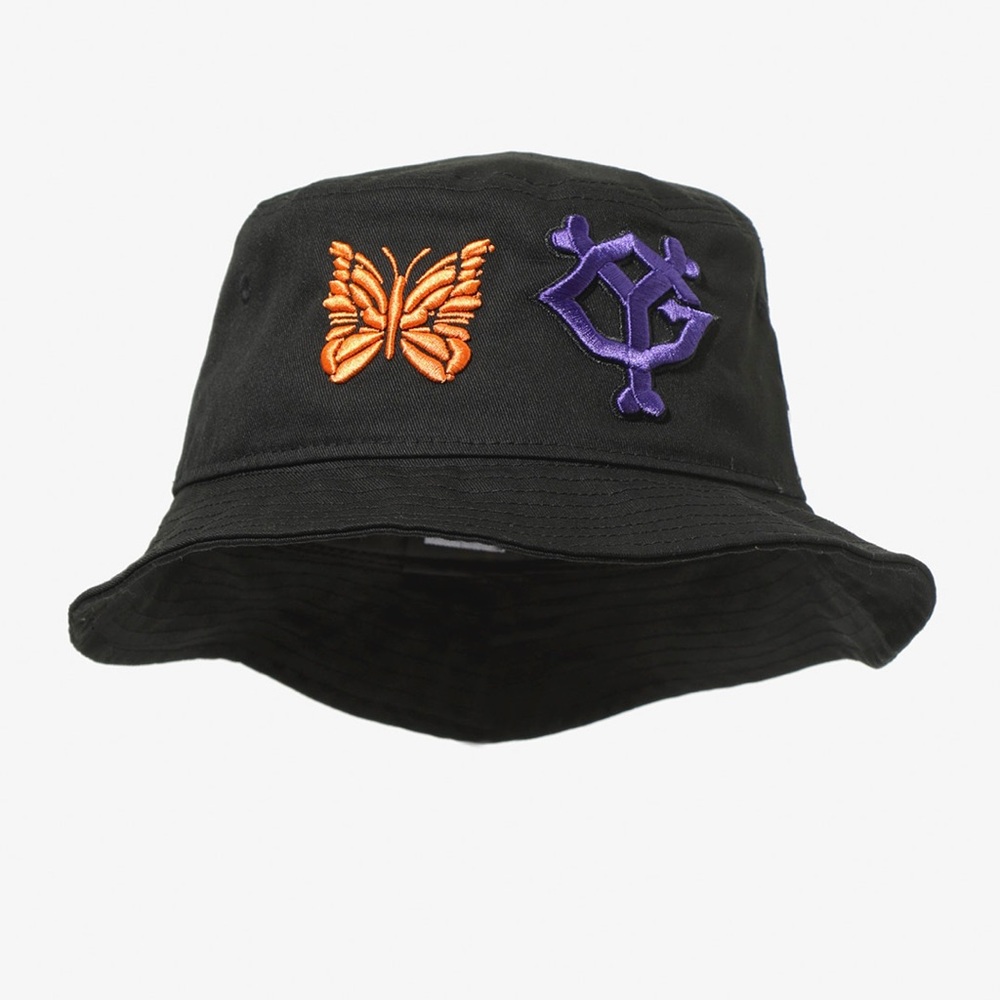 Needles Black Bucket Hat with Orange Butterfly and Purple Logo